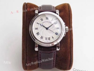 Swiss Grade Clone Breguet Marine 5817 Big Date Stainlss Steel Brown Strap White Dial